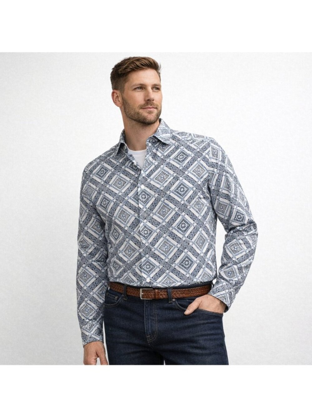 Mondo di Marco Mens Med Geometric Print Button Down Shirt Blue Gray Retro Cotton